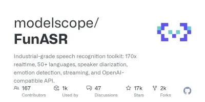 GitHub - modelscope/FunASR: Industrial-grade speech recognition toolkit: 170x realtime, 50+ languages, speaker diarization, emotion detection, streami